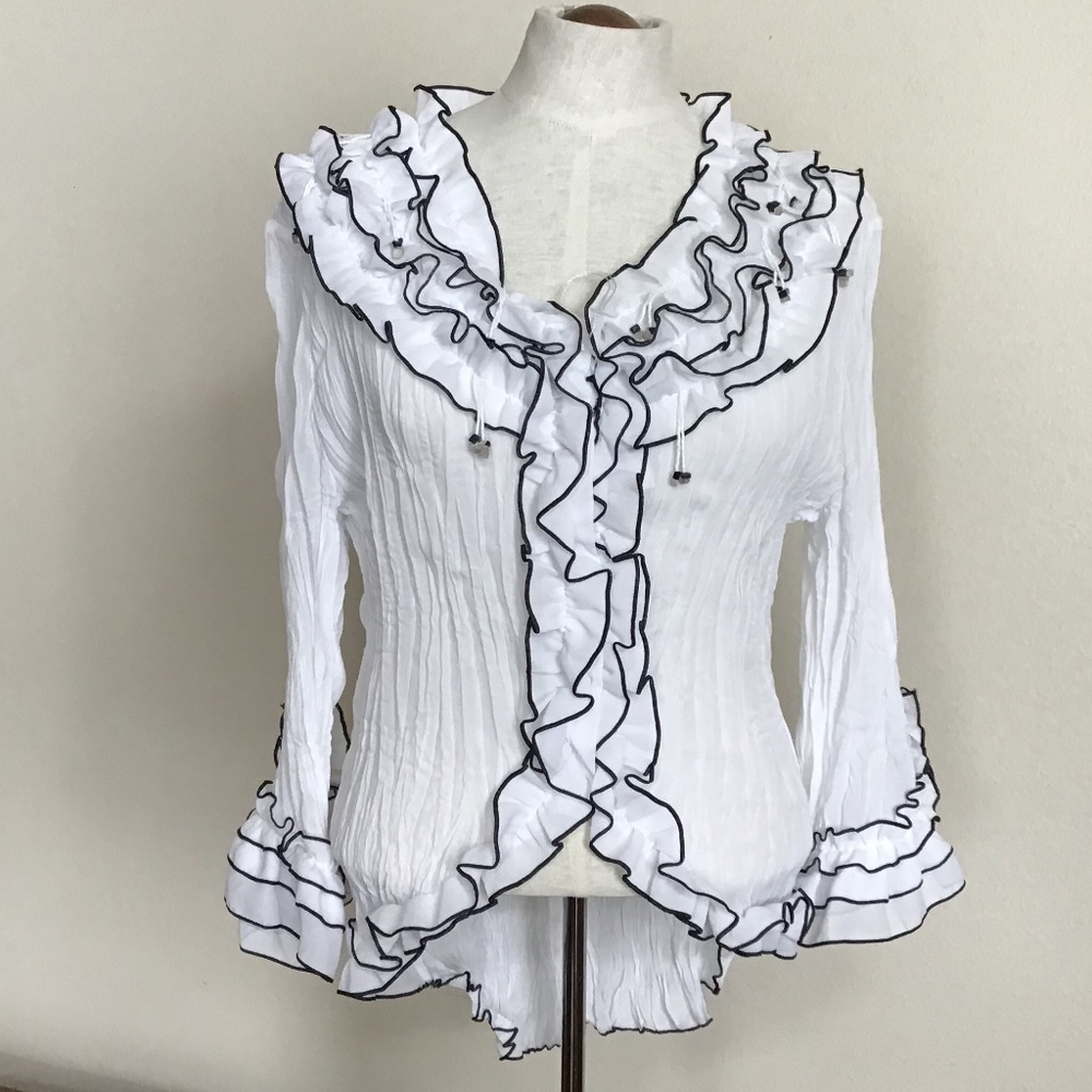 Jaipur White Ruffle Front Blouse with Black Edging